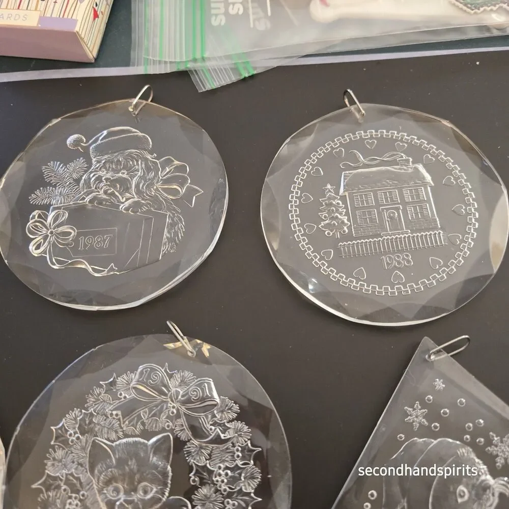 13 Vintage 1980s - 90s  Acrylic (Clear) Etched Ornaments